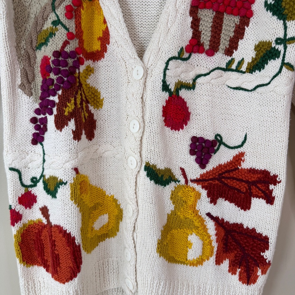 Marisa Christina Hand Knit Fruit Harvest Vintage Button Cardigan Fall Novelty M - Picture 2 of 8